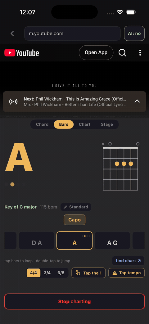 Charting a YouTube lyric video on guitar in standard tuning, the bar ribbon moving with the song
