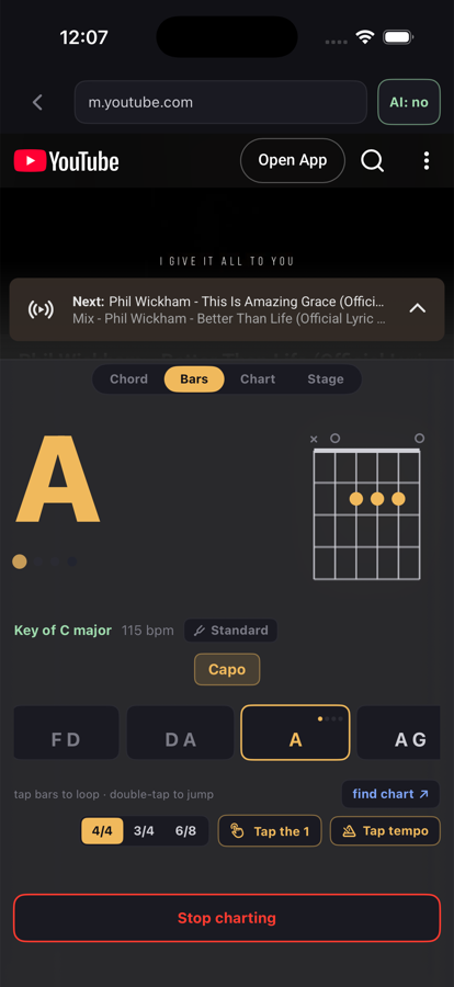 Chartless for iPhone charting a YouTube video: the current chord B-flat large, a guitar diagram, key of A major, tempo, and the bar ribbon