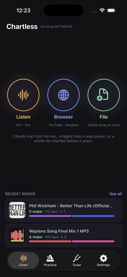 The Chart tab: Listen, Browser, and File as three equal circles, with two recent songs underneath