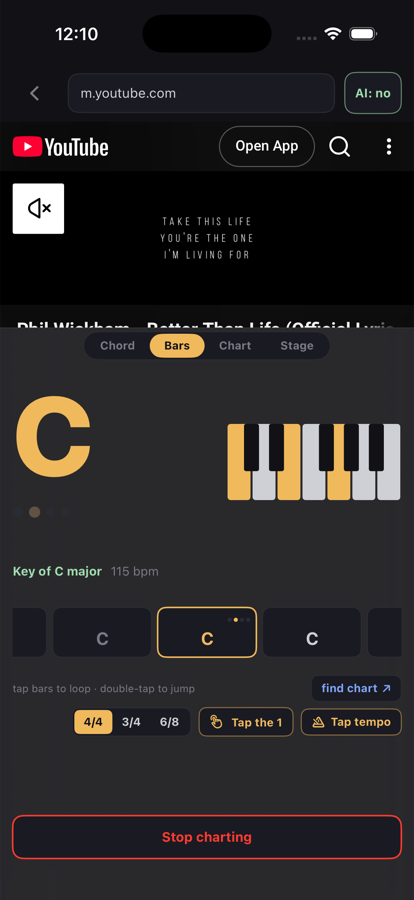The same song with Piano as the instrument: a C chord with the keys lit on a one-octave keyboard