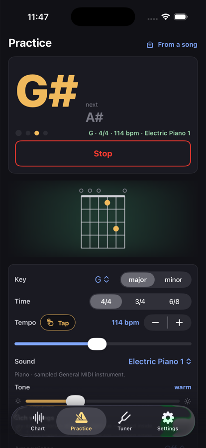 The practice tab: a G-sharp chord looping on Electric Piano 1 at 114 bpm in 4/4 with a guitar diagram