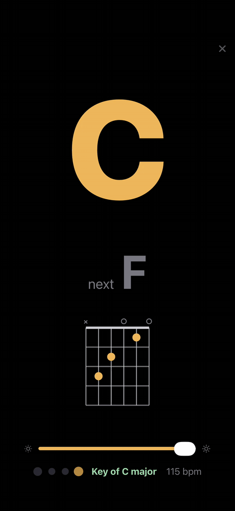 Stage mode: a huge chord on black, the next chord underneath, the diagram, beat dots and a brightness slider
