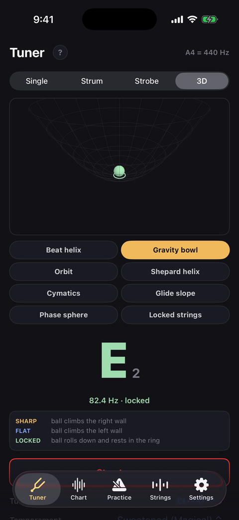 3D tuner, gravity bowl: a ball resting in the green ring at the bottom of a wireframe bowl, with the eight-scene picker beneath