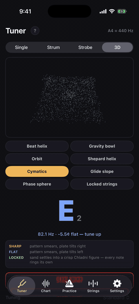 3D tuner, cymatics: a cloud of sand grains scattering while the note is off, then settling into a Chladni nodal pattern as it locks