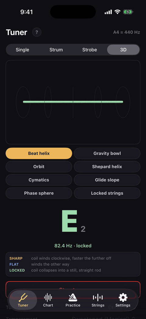 3D tuner, beat helix: a coil of beads spinning while the note is sharp, then collapsing into a straight green rod as it locks on E2