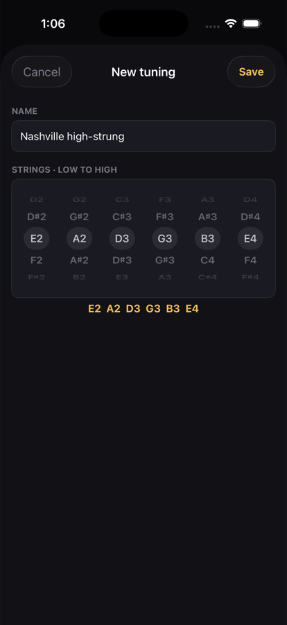 The custom tuning editor: a name field and a grid of notes per string, low to high, spelling out E2 A2 D3 G3 B3 E4