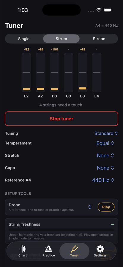 Strum mode: all six strings read from one strum, each with its own cents offset, four flagged as needing a touch