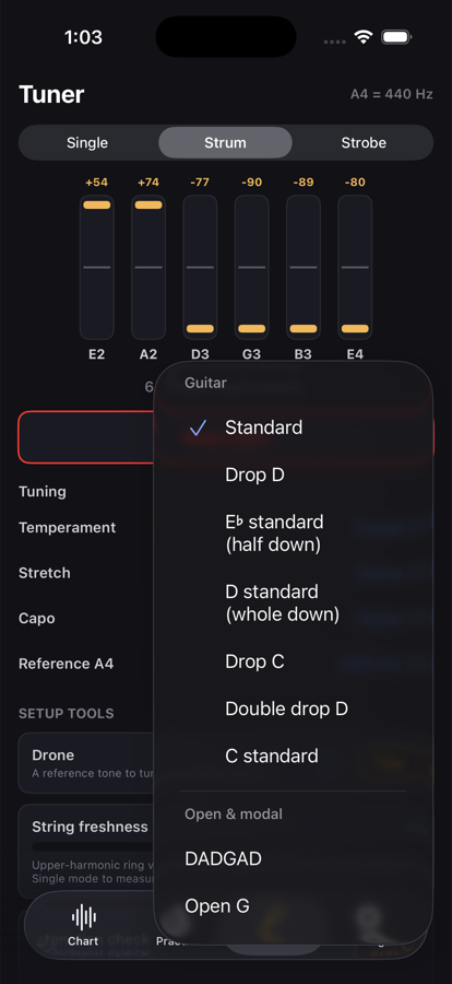 The tuning menu: guitar tunings from standard through drop D, E-flat, D standard, drop C, double drop D, C standard, then open and modal tunings