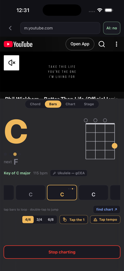 The same song on ukulele: a C shape on four strings, tuning badge reading gCEA