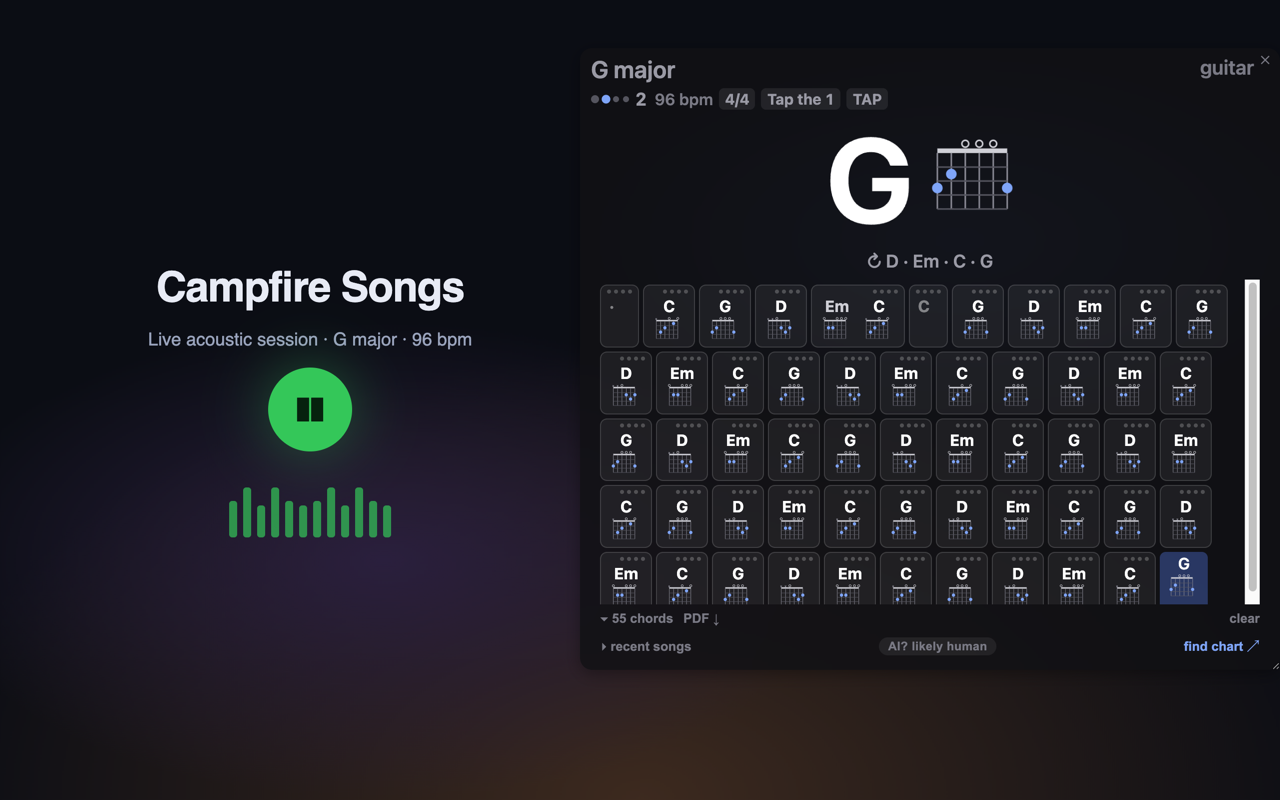 The overlay expanded into the whole-song chart: rows of chord cards with fingerings, the current chord highlighted, 55 chords with PDF export