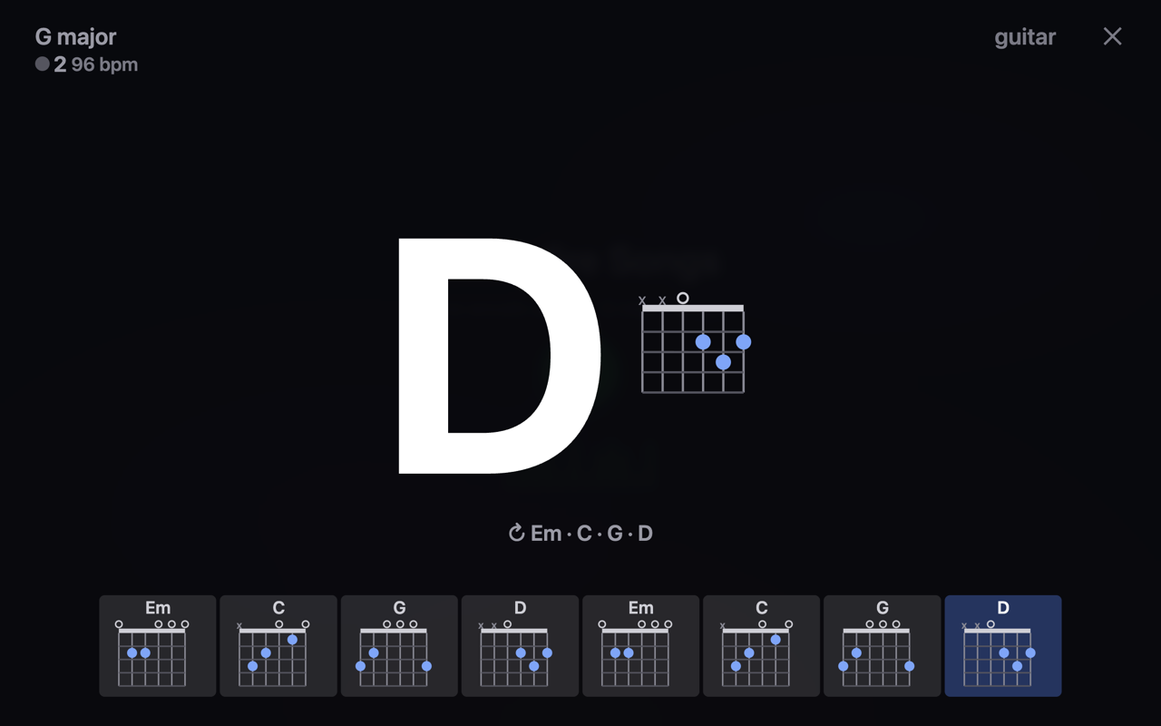 Stage view: the current chord displayed huge across the whole screen with the Nashville number 1