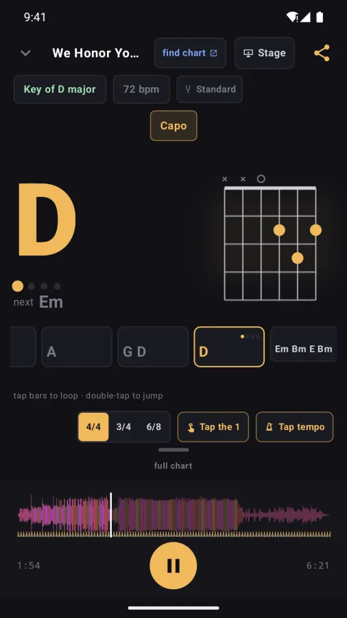 Chartless on an Android phone charting We Honor You in D major at 72 bpm: the chord D with its guitar diagram, next Em, the bar ribbon, and the waveform with a pause button