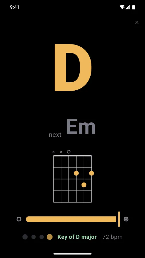 Stage mode on an Android phone: a huge D on black, next Em, the guitar diagram, a brightness slider, key of D major and 72 bpm