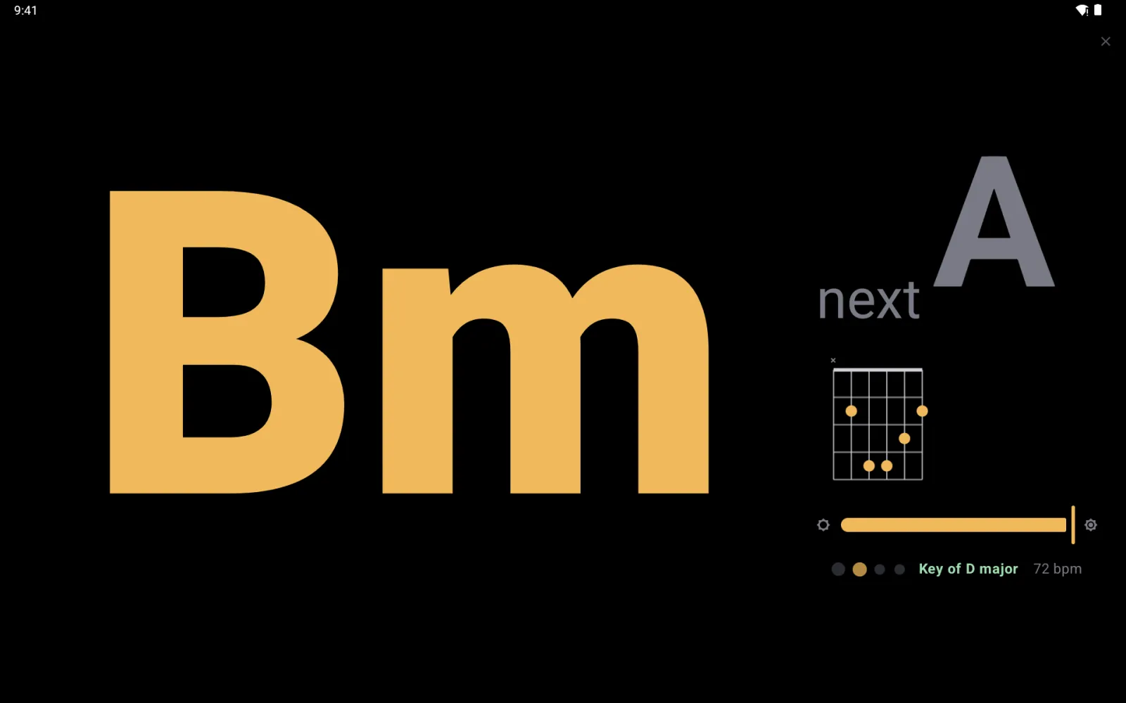 Stage mode on an Android tablet: a huge Bm, next A, the guitar diagram, a brightness slider, key of D major and 72 bpm