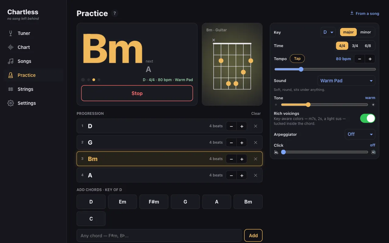 The practice room looping D, G, Bm, A in the key of D at 80 bpm on the Warm Pad, the current chord Bm with its guitar diagram and next chord A