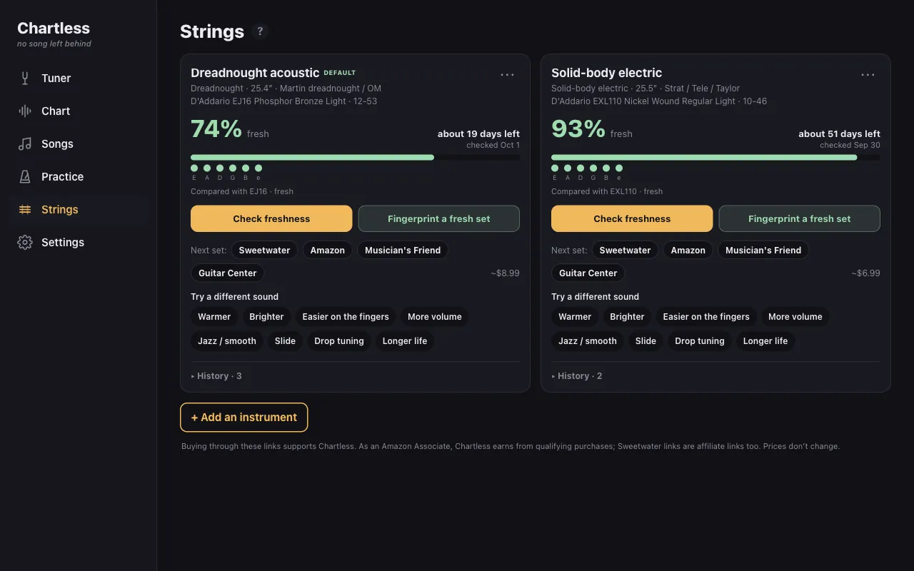 The Strings tab with two instruments: a dreadnought acoustic at 74 percent fresh with about 19 days left, and a solid-body electric at 93 percent fresh with about 51 days left