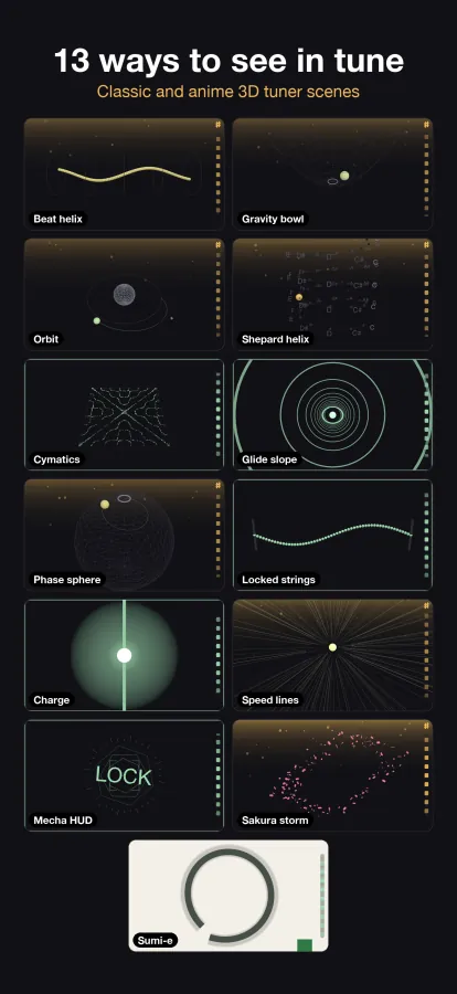 All thirteen 3D tuner scenes in a labeled grid: beat helix, gravity bowl, orbit, Shepard helix, cymatics, glide slope, phase sphere, locked strings, charge, speed lines, Mecha HUD, Sakura storm and sumi-e