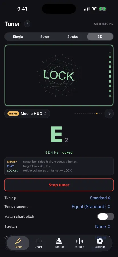 3D tuner, Mecha HUD: a hexagonal reticle collapsed on target with LOCK across the middle, E2 locked