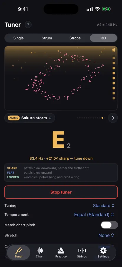 3D tuner, Sakura storm: pink petals swirling while E2 reads 21 cents sharp