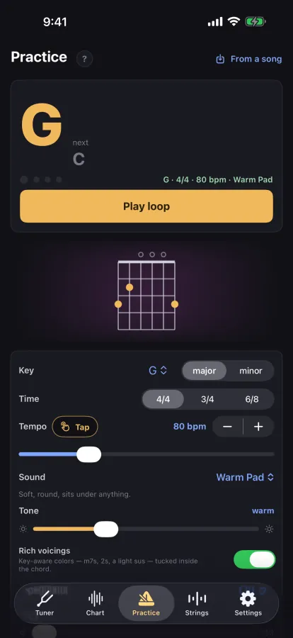 The practice tab on iPhone: G looping with next chord C in the key of G at 80 bpm on the Warm Pad, with a guitar diagram, tempo, sound and tone controls